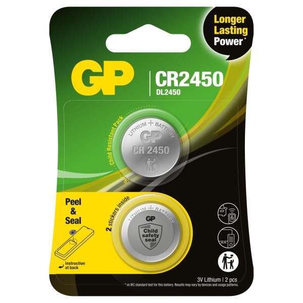 CR2450 Knappcellebatteri Lithium 3V 2 stk, GP