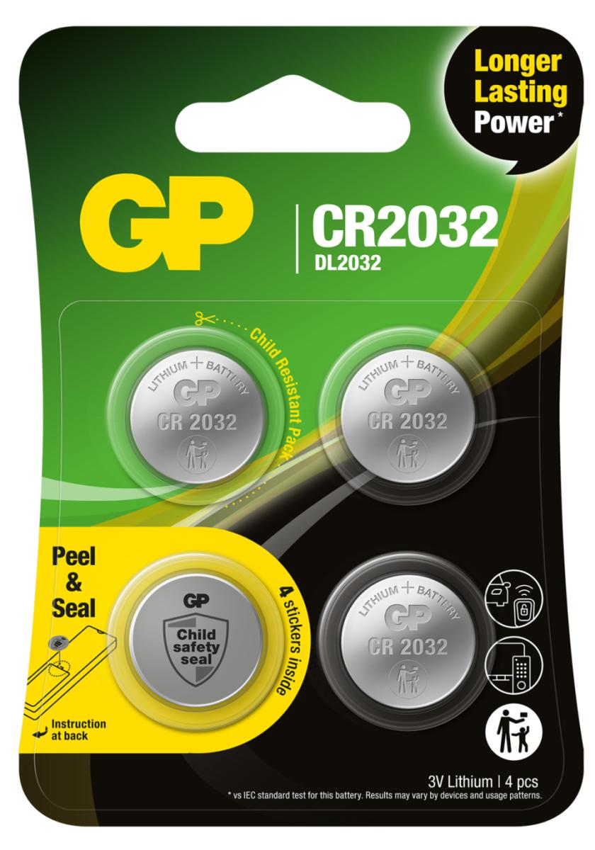 Knappcellebatteri CR2032 Lithium 4 stk, GP